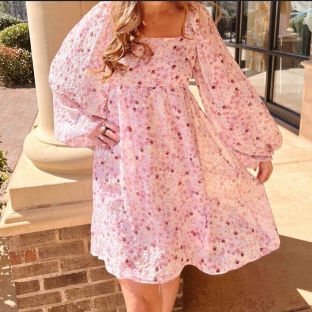 Lucy Paris Maeve Pink Floral Puff Sleeve Smocked Tie Back Mini Dress